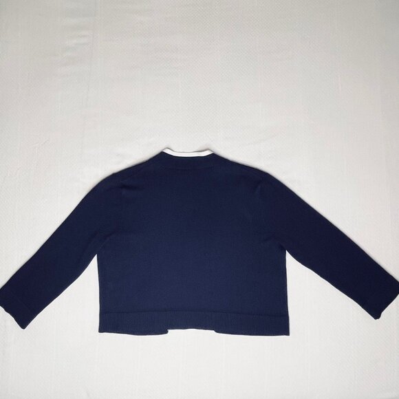 Pointelle Navy Cropped Open-Front Cardigan with White Trim | Size Medium - Picture 3 of 7